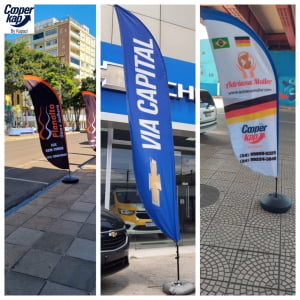 WIND BANNER confeccionado conforme a arte fornecida pelo CLIENTE  2,40m ou 2,80 altura por 0,70cm de largura com formato de Faca, ou, Pena, ou Curva 